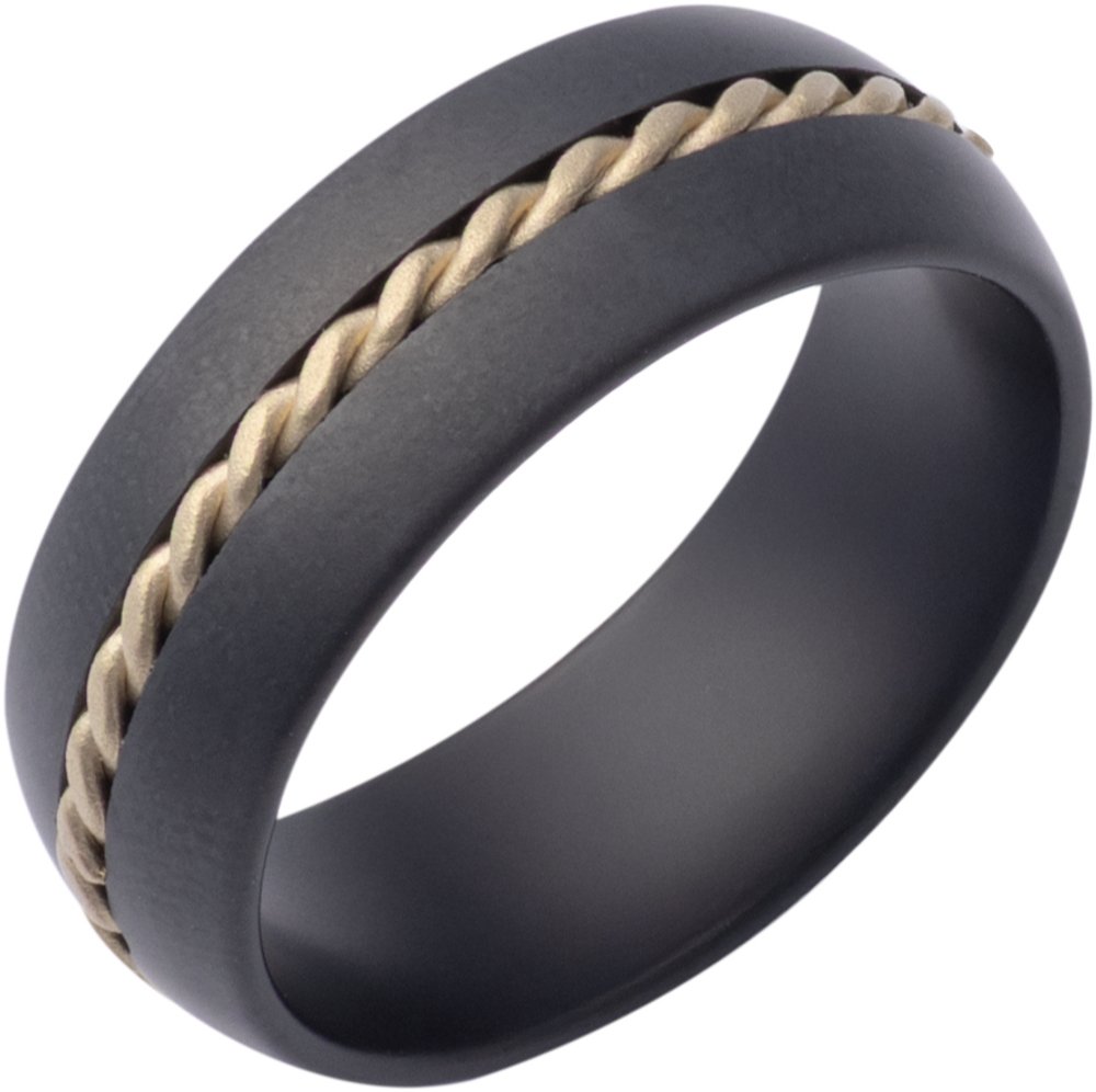 Black Ceramic & 14K Yellow Gold 8 mm Rope Inlay Comfort-Fit Half-Round Band with Satin Finish Size 8