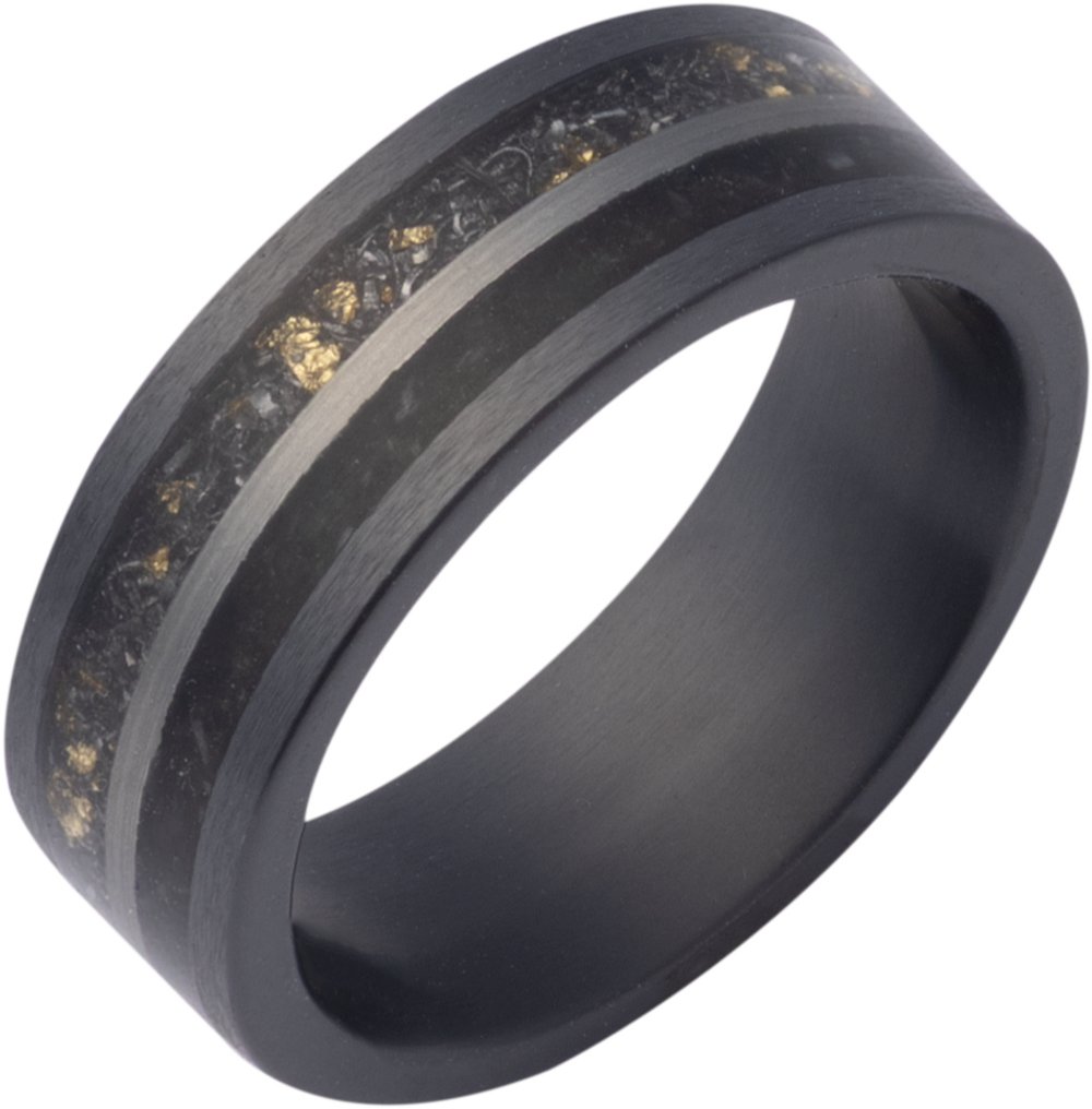 Ceramic & 14K Yellow 8 mm Crushed Megalodon, Meteorite & 14K Yellow Gold Inlay Comfort-Fit Flat Band Size 13
