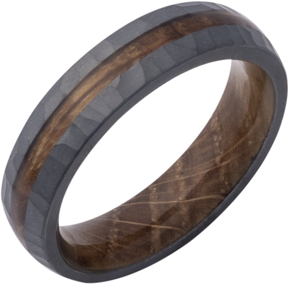 Zirconium 6 mm Whiskey Barrel Wood Inlay & Interior Sleeve Comfort-Fit Half-Round Band Size 8