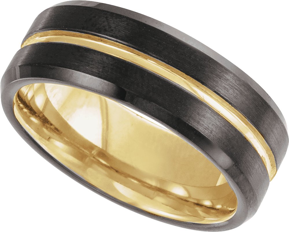 18K Yellow Gold PVD & Black PVD Tungsten 8 mm Beveled-Edge Grooved Comfort-Fit Band Size 8