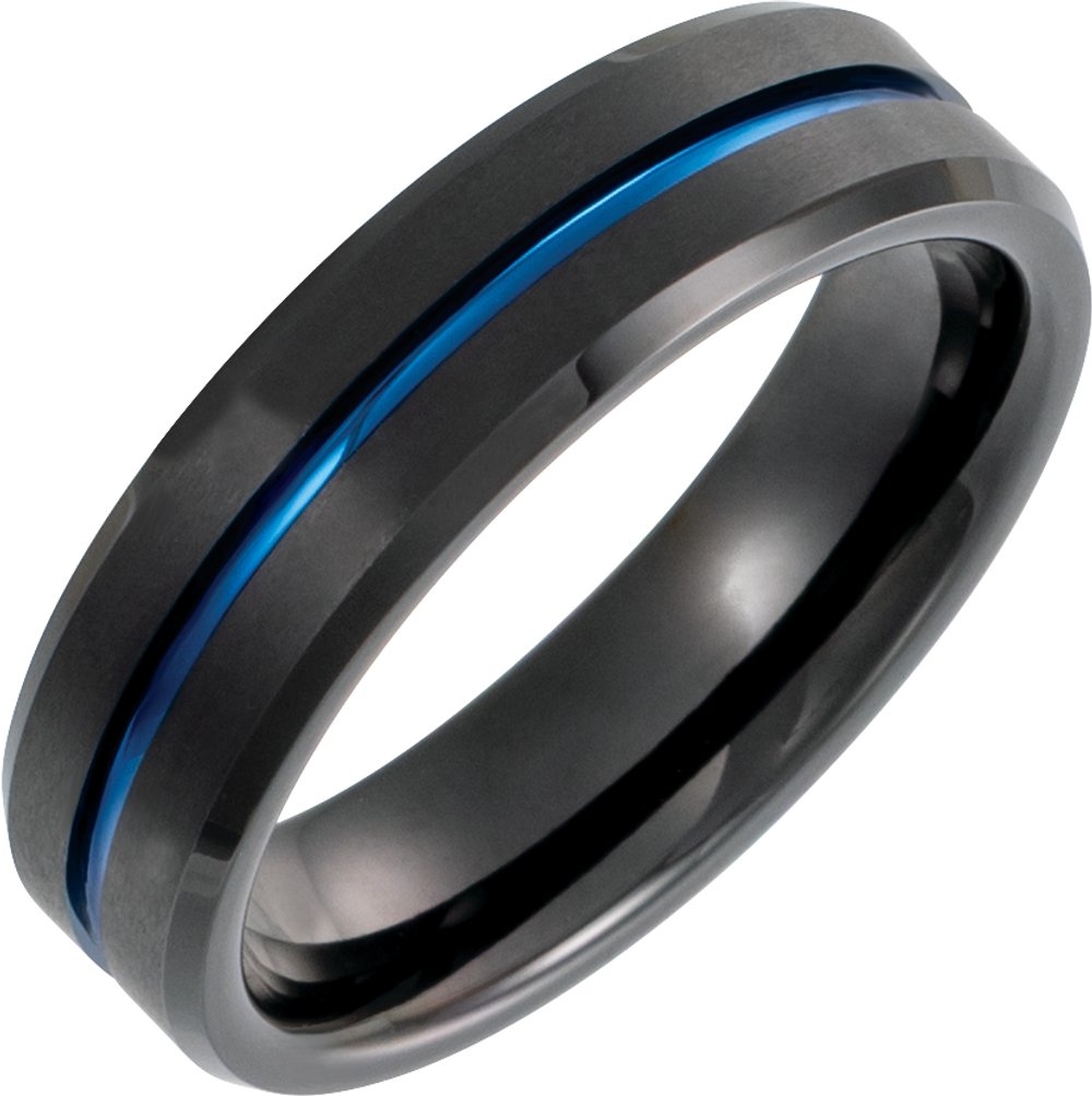 Black & Blue PVD Tungsten 6 mm Beveled-Edge Grooved Comfort-Fit Band Size 8