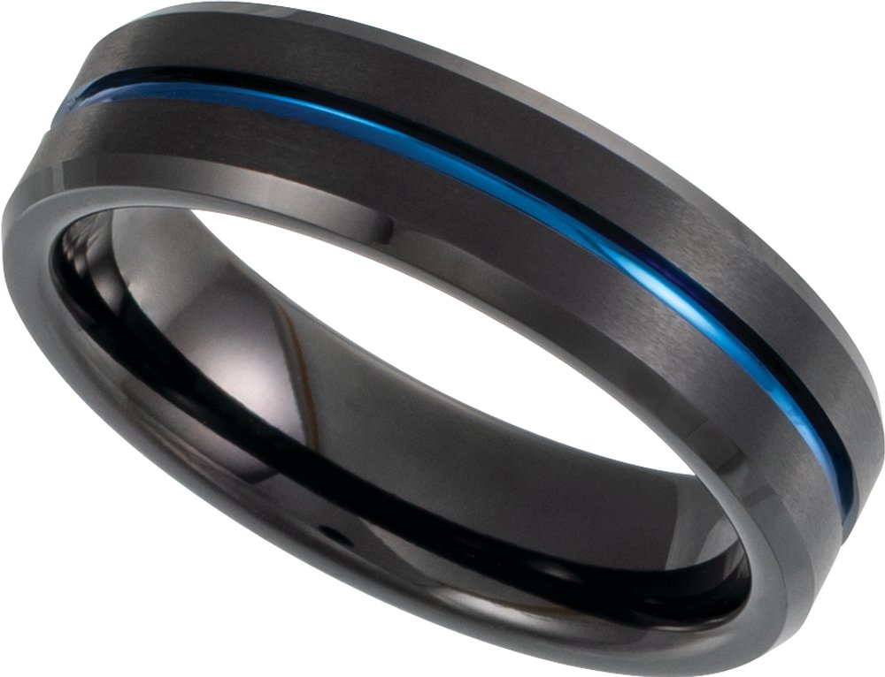 Black & Blue PVD Tungsten 6 mm Beveled-Edge Grooved Comfort-Fit Band Size 8