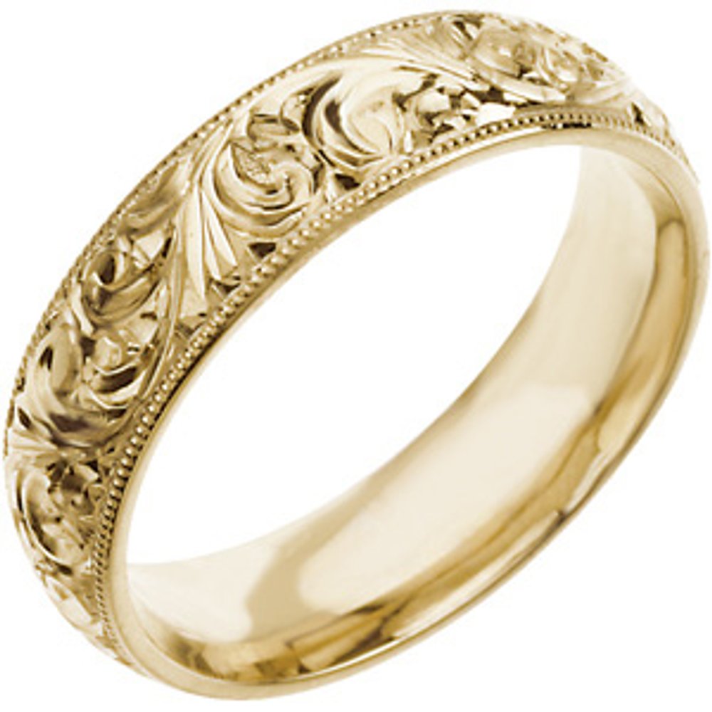 14K Yellow Gold 6 mm Hand-Engraved Milgrain Stepped-Edge Sculptural Comfort-Fit Half Round Band Size 5