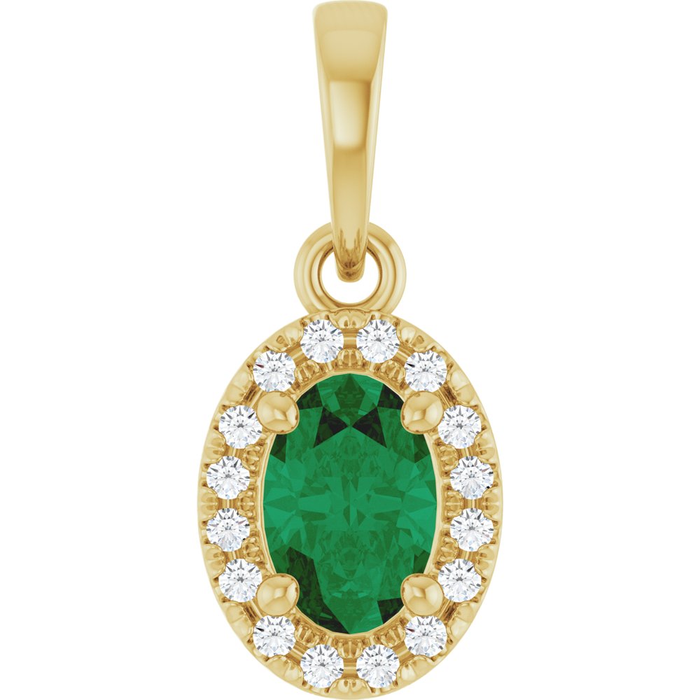 14K Yellow Gold Lab-Grown Emerald & .06 CTW Lab-Grown Diamond French-Set Halo-Style Pendant