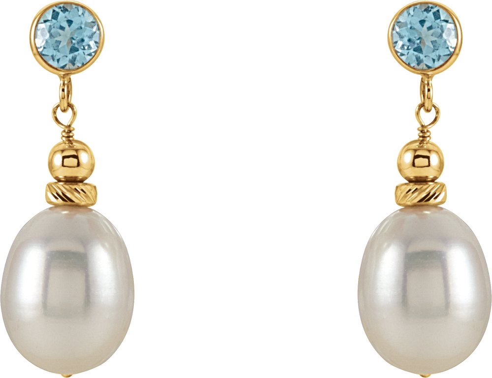 14K Yellow Gold Cultured White Freshwater Pearl & Natural Swiss Blue Topaz Earrings