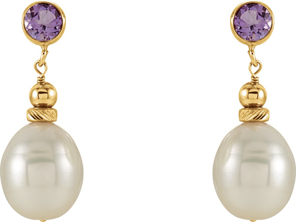 14K Yellow Gold Cultured White Freshwater Pearl & Natural Amethyst Earrings