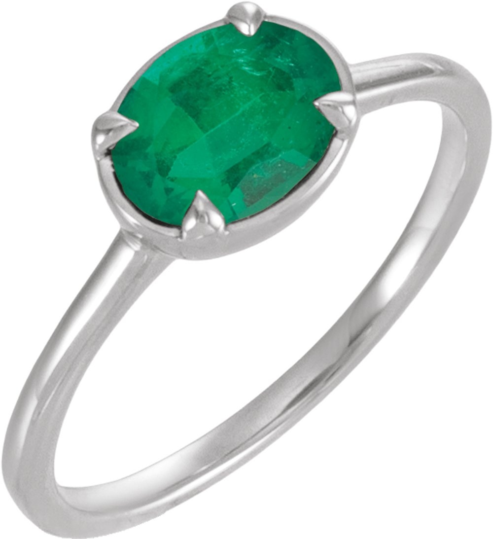 10K White Gold Lab-Grown Emerald Claw-Prong Bezel-Style Ring
