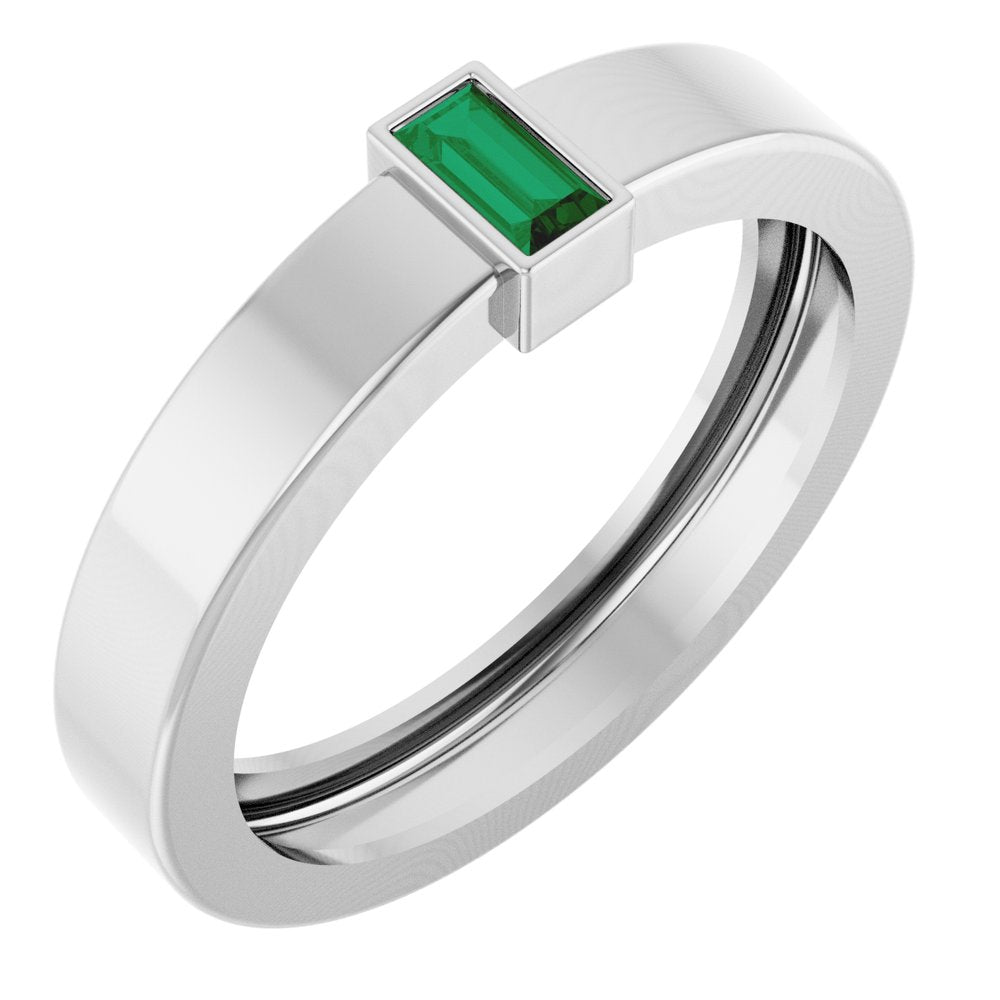 14K White Gold Lab-Grown Emerald Bezel-Set Ring Size 7