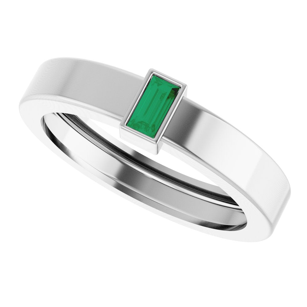 14K White Gold Lab-Grown Emerald Bezel-Set Ring Size 7