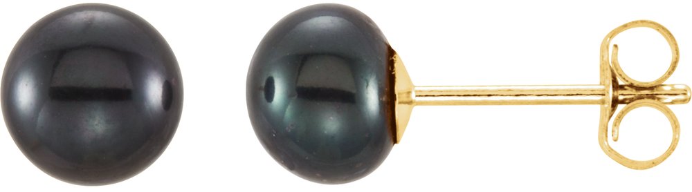 14K Yellow Gold 5-6 mm Cultured Black Freshwater Button Pearl Earrings