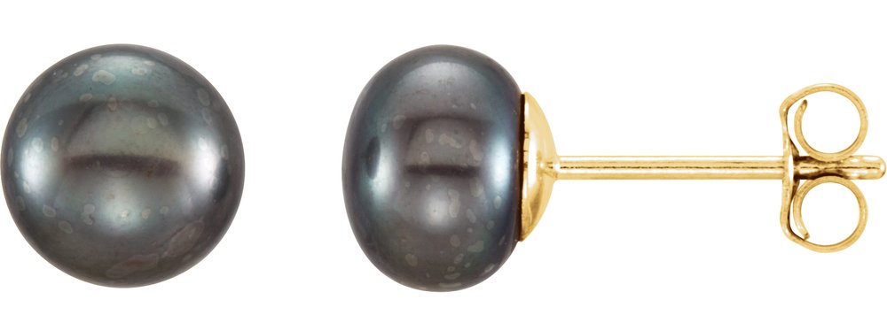 14K Yellow Gold 6-7 mm Cultured Black Freshwater Button Pearl Earrings