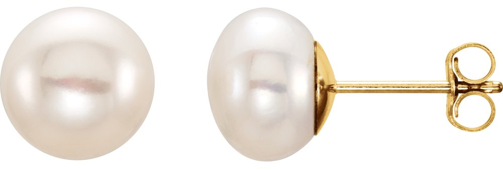 14K Yellow Gold 8-9 mm Cultured White Freshwater Button Pearl Earrings
