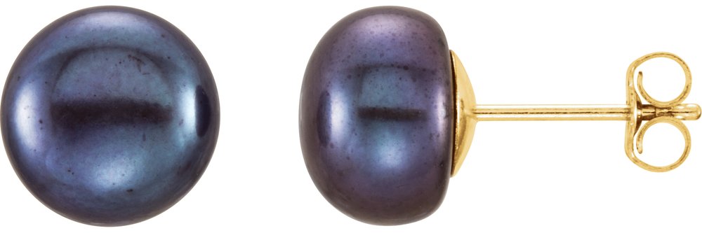 14K Yellow Gold 8-9 mm Cultured Black Freshwater Button Pearl Earrings