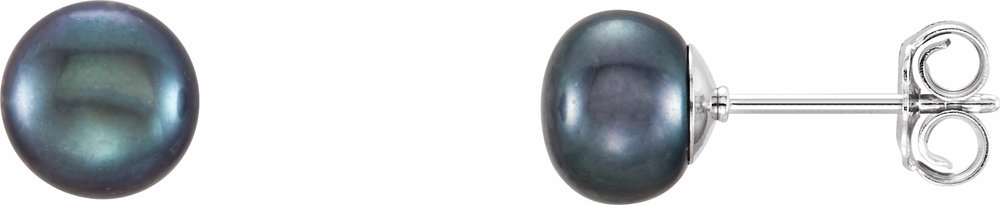 Sterling Silver 6-7 mm Cultured Black Freshwater Button Pearl Earrings