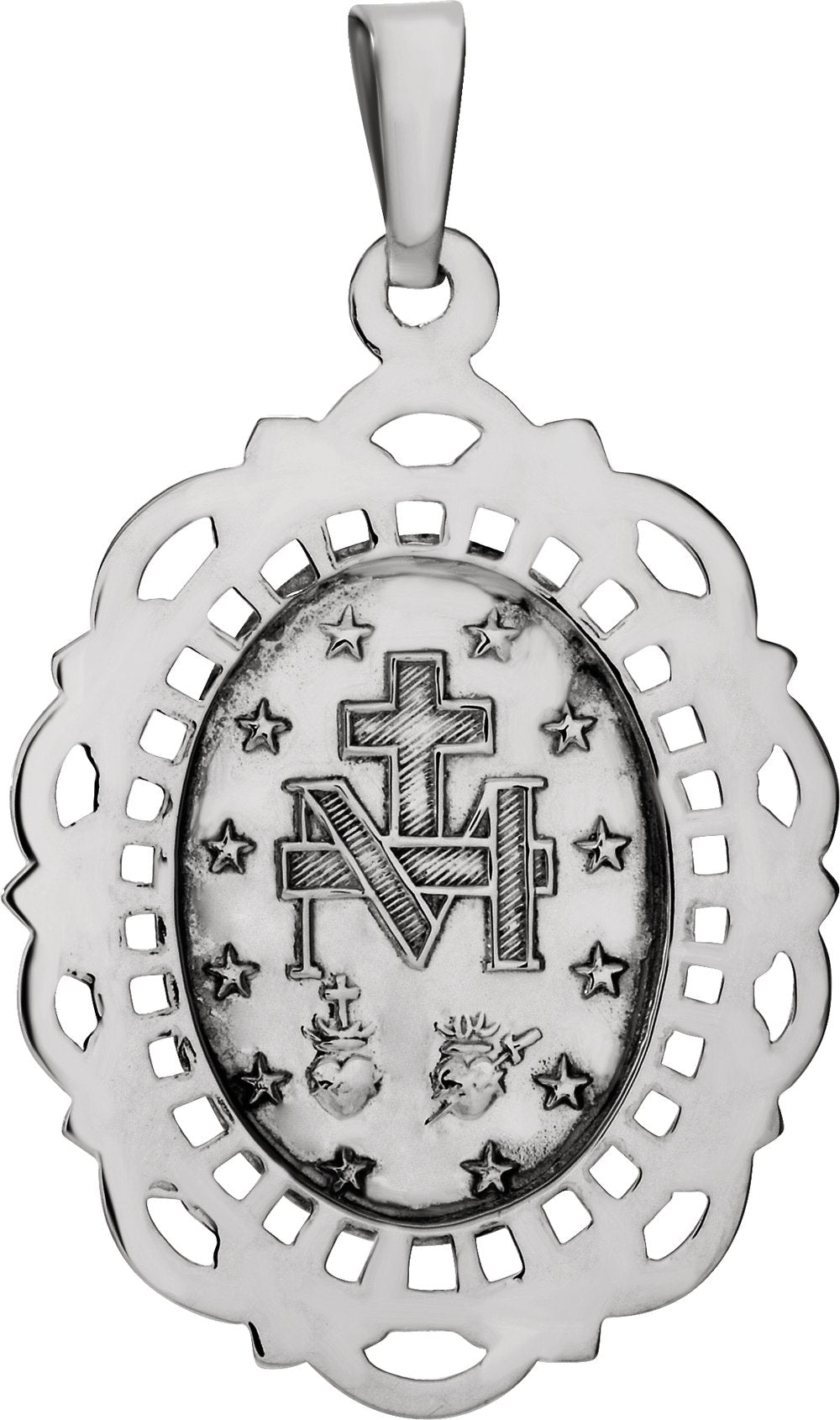 14K White Gold 25x18 mm Oval Filigree Miraculous Medal