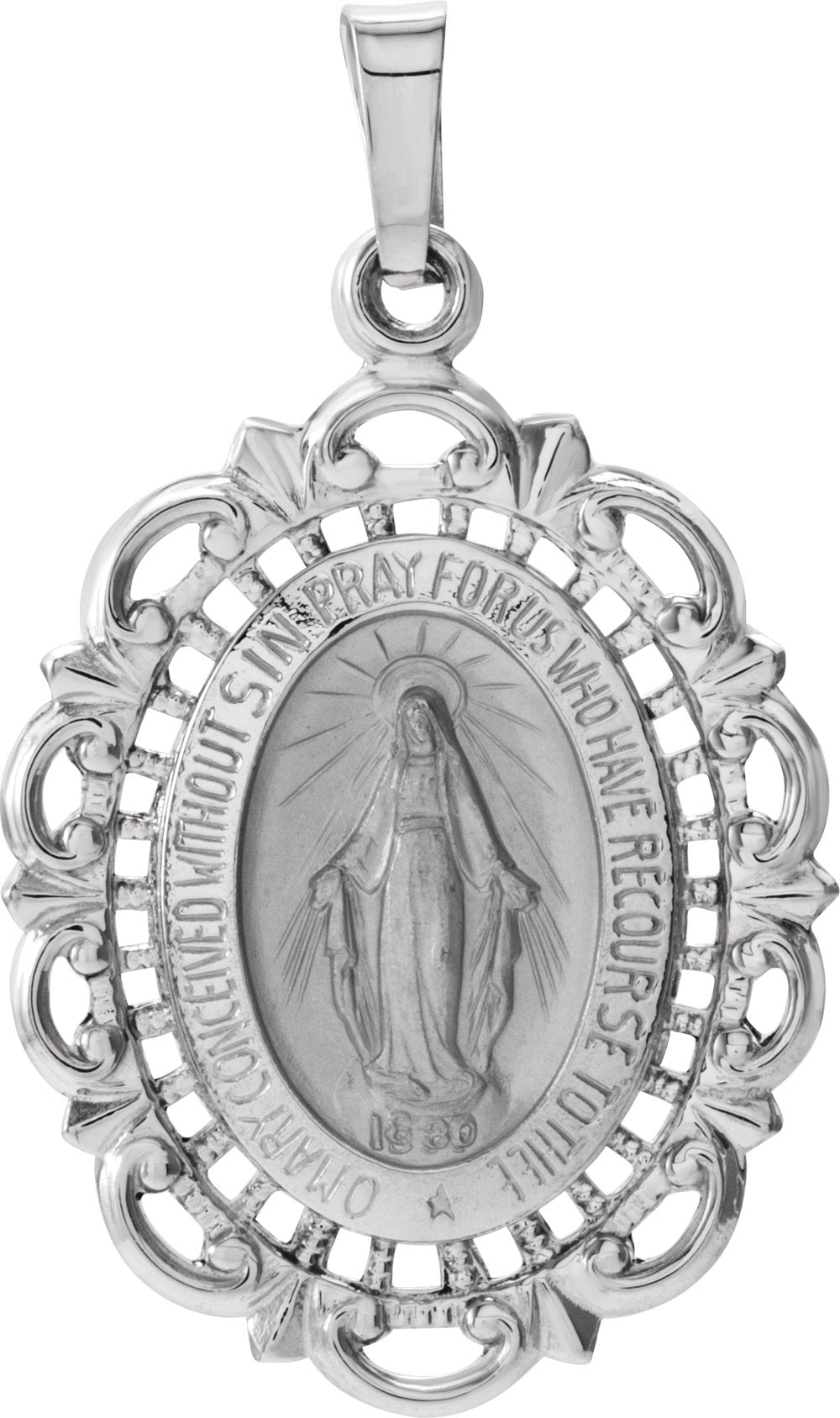 14K White Gold 25x18 mm Oval Filigree Miraculous Medal