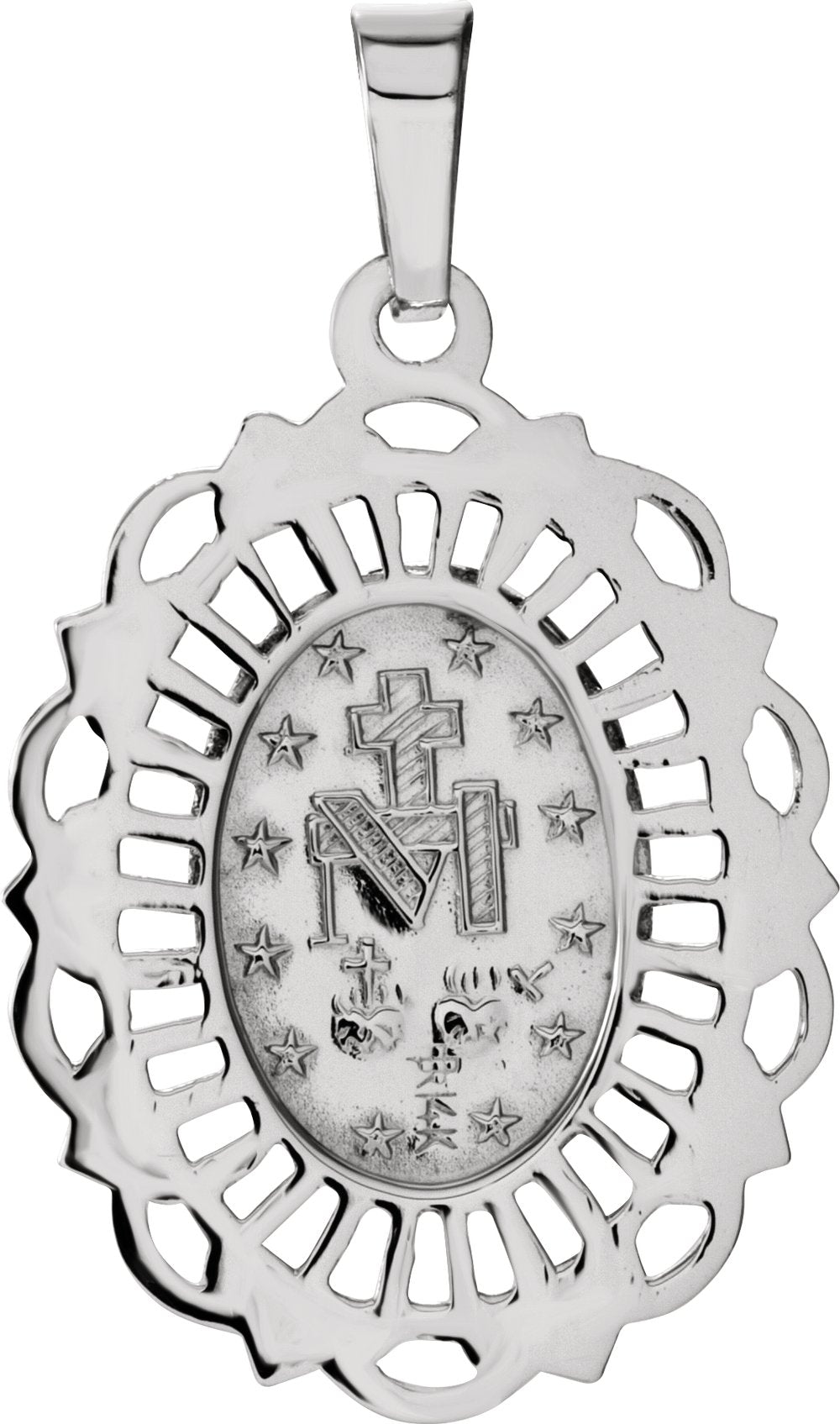 14K White Gold 22x16 mm Oval Filigree Miraculous Medal