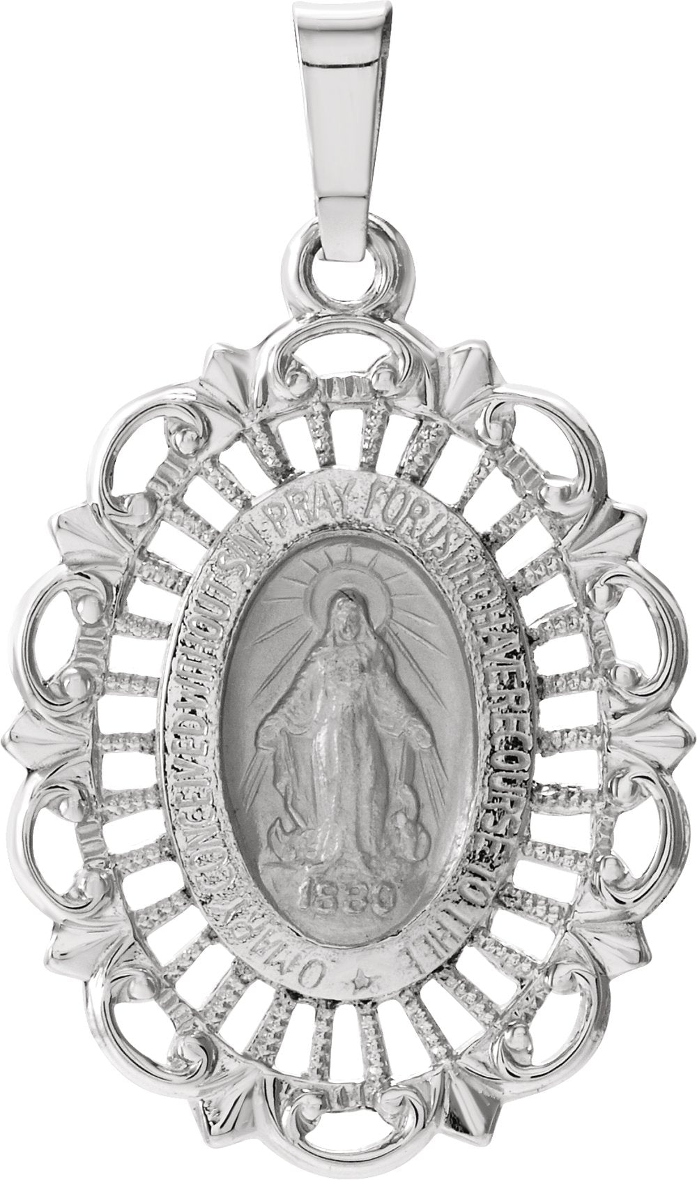 14K White Gold 22x16 mm Oval Filigree Miraculous Medal