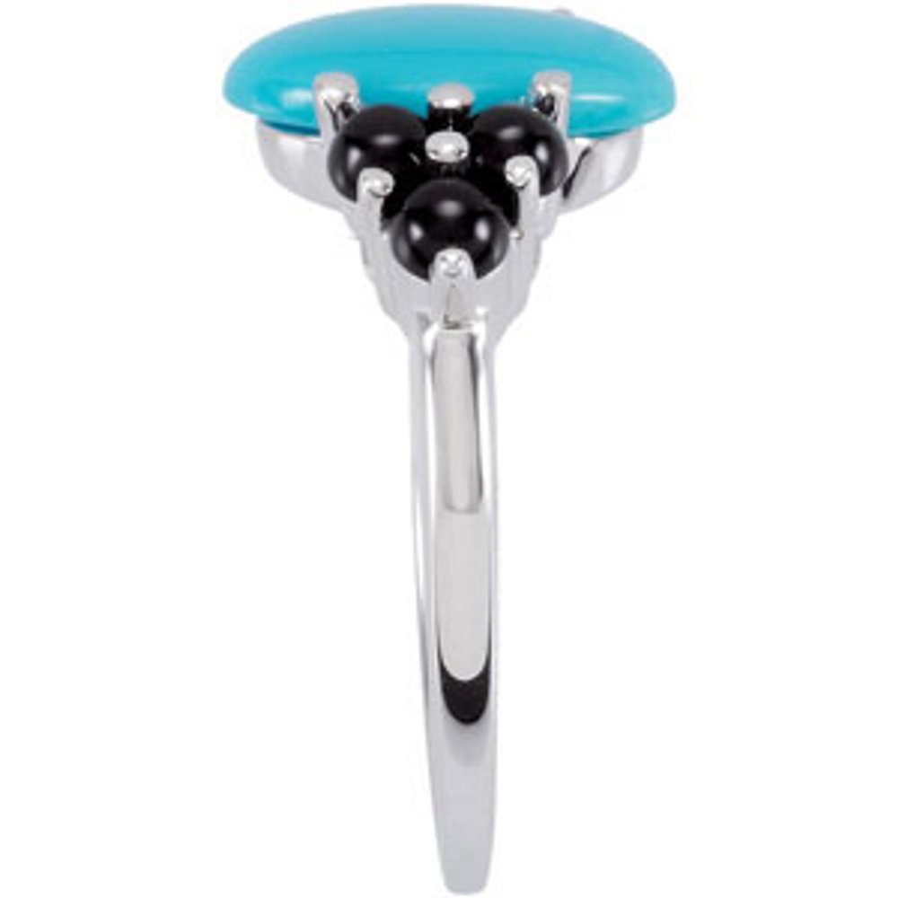 14K White Natural Turquoise & Natural Black Onyx Cabochon Ring