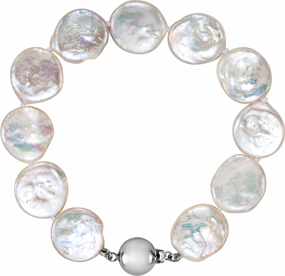 Sterling Silver 13-14 mm Cultured White Freshwater Pearl Coin 7 3/4" Bracelet