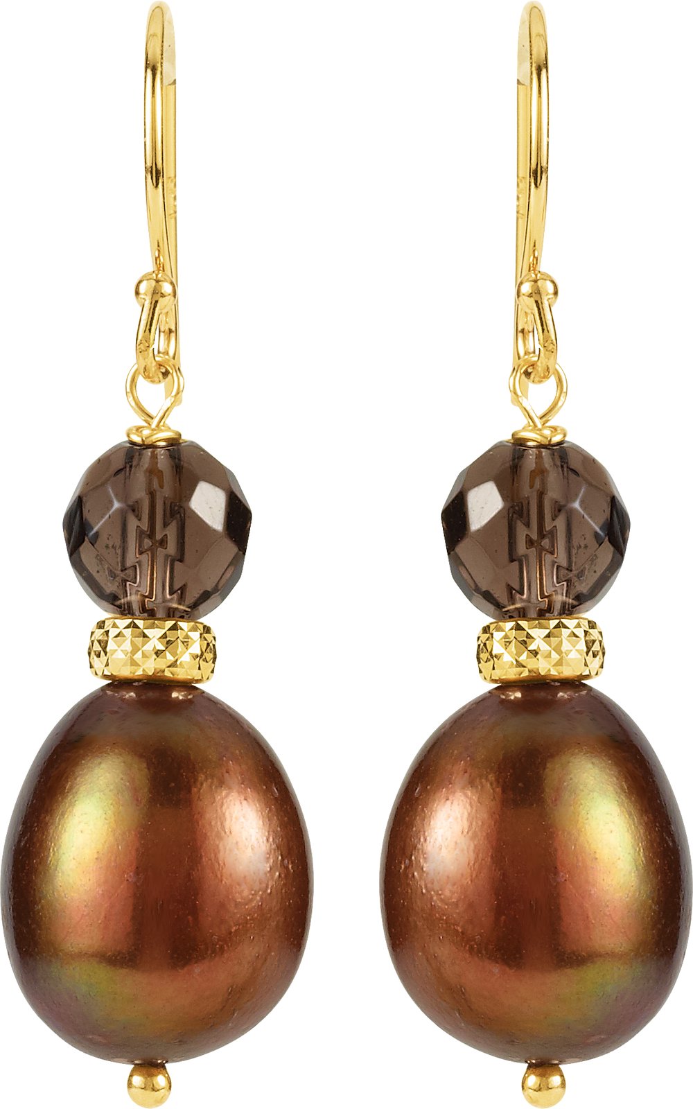 14K Yellow Gold Cultured Chocolate Freshwater Pearl & Natural Smoky Quartz Earrings
