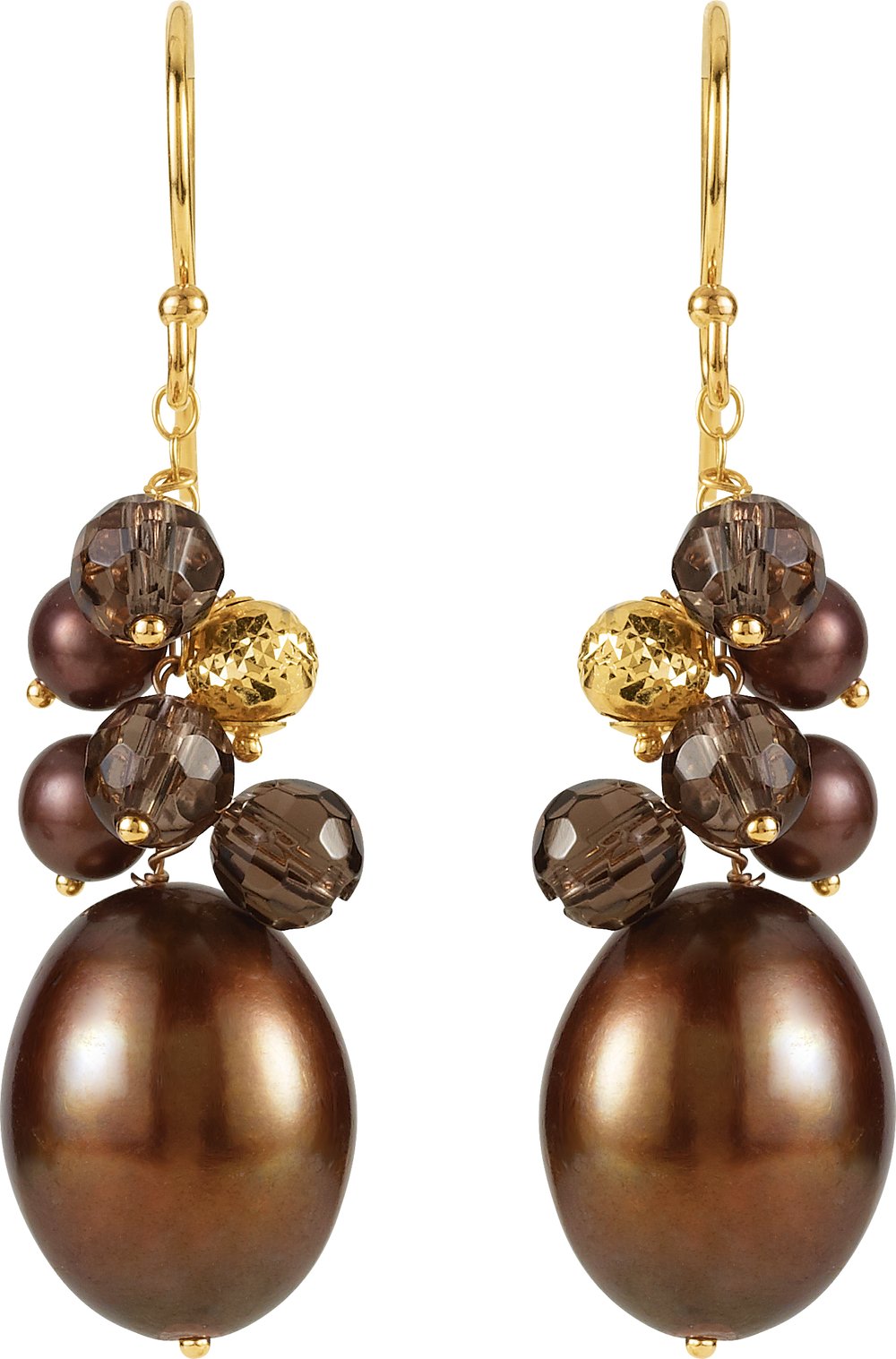 14K Yellow Gold Cultured Dyed Chocolate Freshwater Pearl & Natural Smoky Quartz Earrings