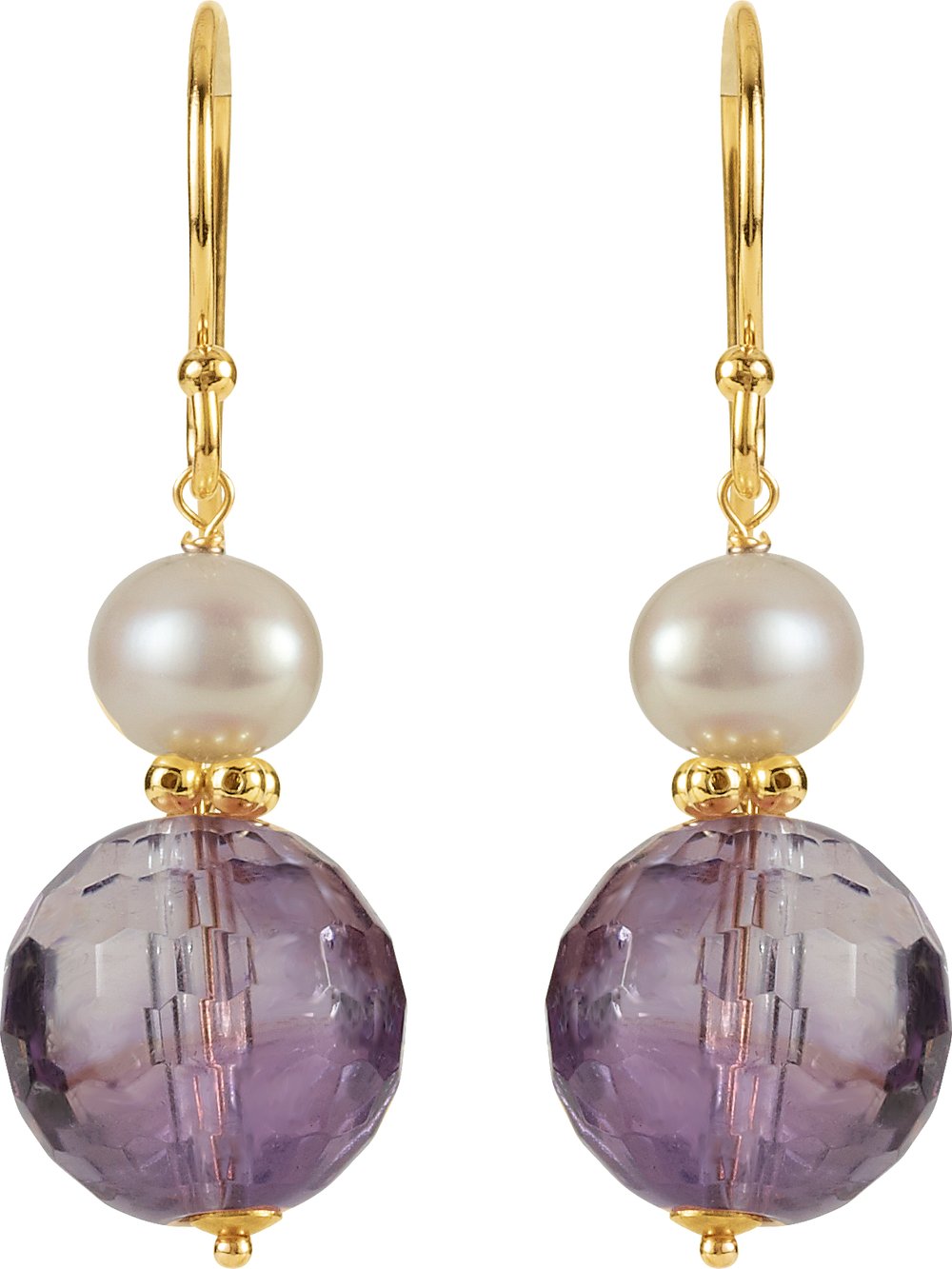 14K Yellow Gold Natural Amethyst & Cultured White Freshwater Pearl Earrings