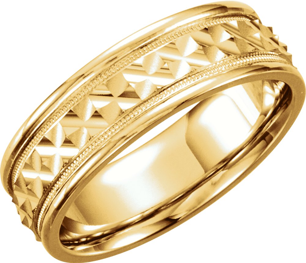 14K Yellow Gold 7 mm Milgrain Geometric Diagonal Grooved Band Size 10
