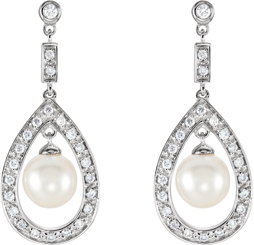 14K White Gold Cultured White Freshwater Pearl & 1/4 CTW Natural Diamond Earrings