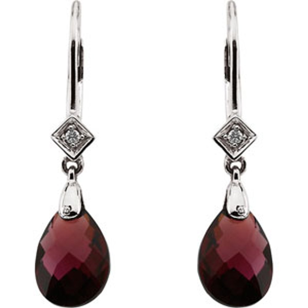 14K White Briolette Natural Brazilian Garnet & .025 CTW Natural Diamond Earrings