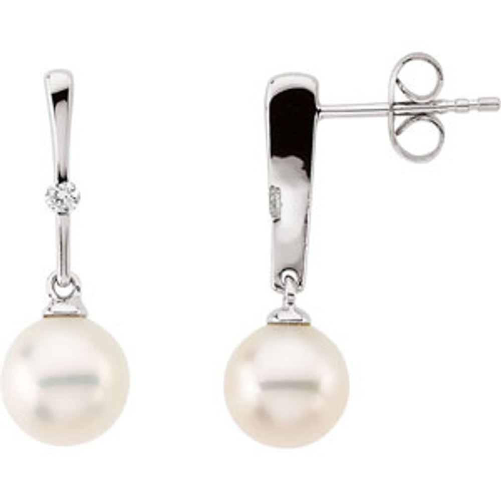14K White Gold Cultured White Freshwater Pearl & .06 CTW Natural Diamond Earrings