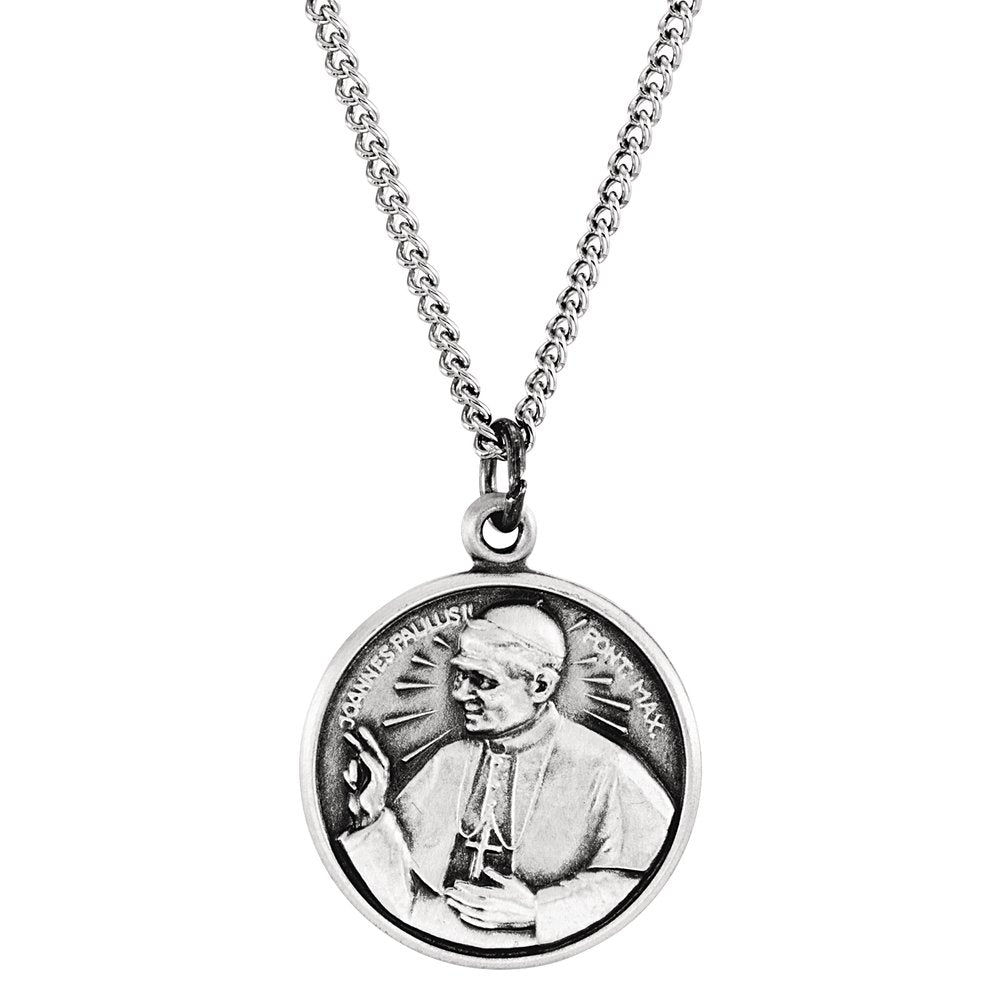 Sterling Silver 15 mm Round Pope John Paul II 18" Necklace