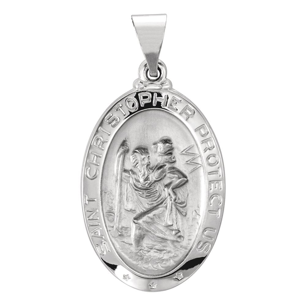 14K White Gold 23.5x16 mm Oval Hollow St. Christopher Medal