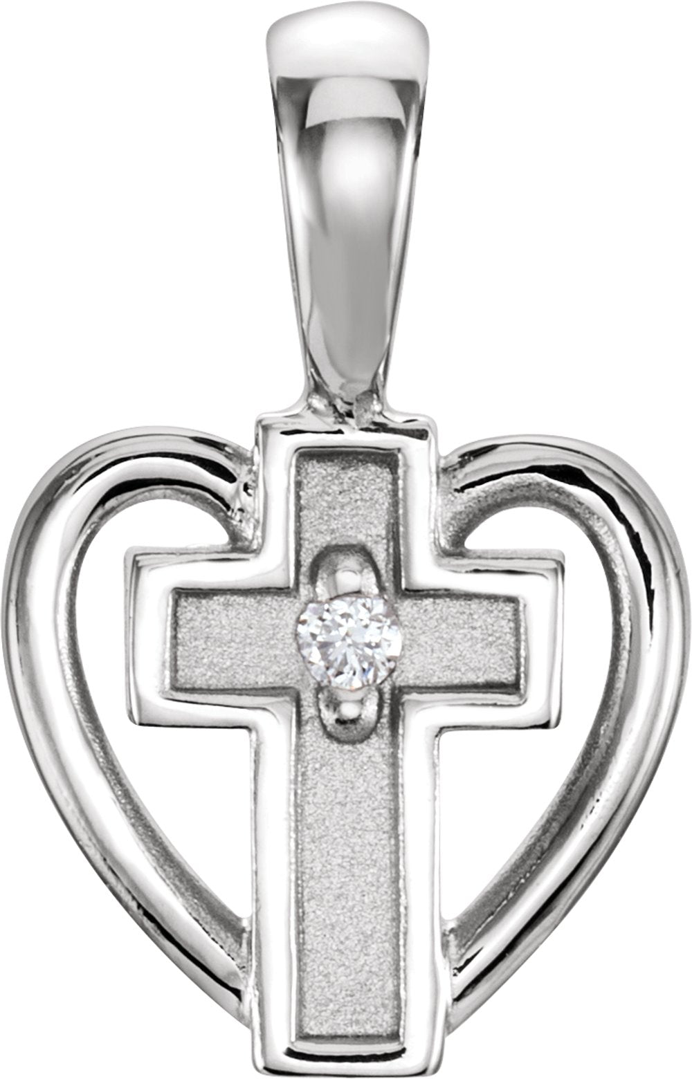 14K White Gold .01 CT Natural Diamond Cross & Heart Pendant