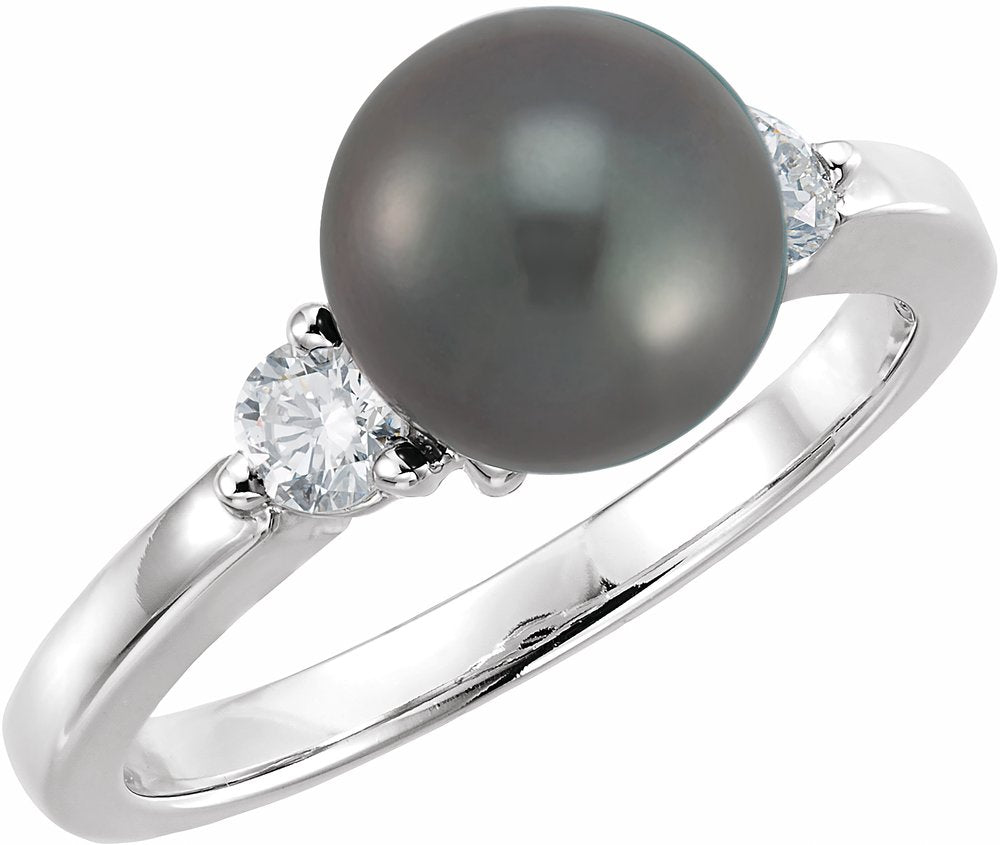 14K White Cultured Black Akoya Pearl & 1/4 CTW Natural Diamond Ring