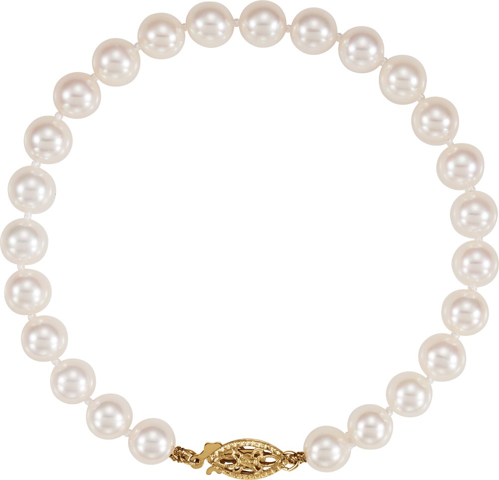 14K Yellow Gold Cultured White Akoya Pearl 7" Bracelet