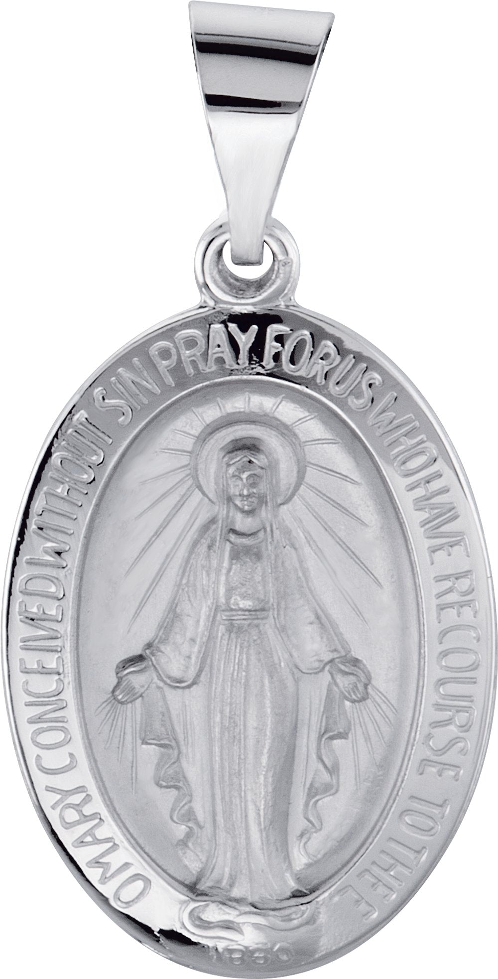 14K White Gold 19x13.5 mm Oval Hollow Miraculous Medal