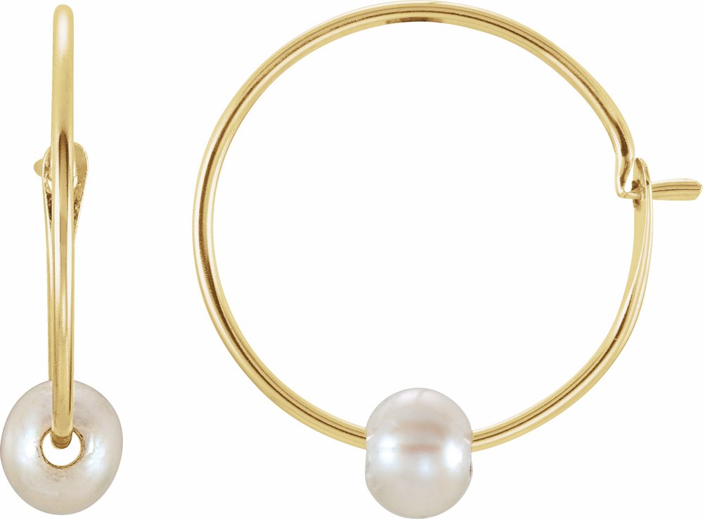 14K Yellow Gold Cultured White Freshwater Pearl Youth Huggie Earrings