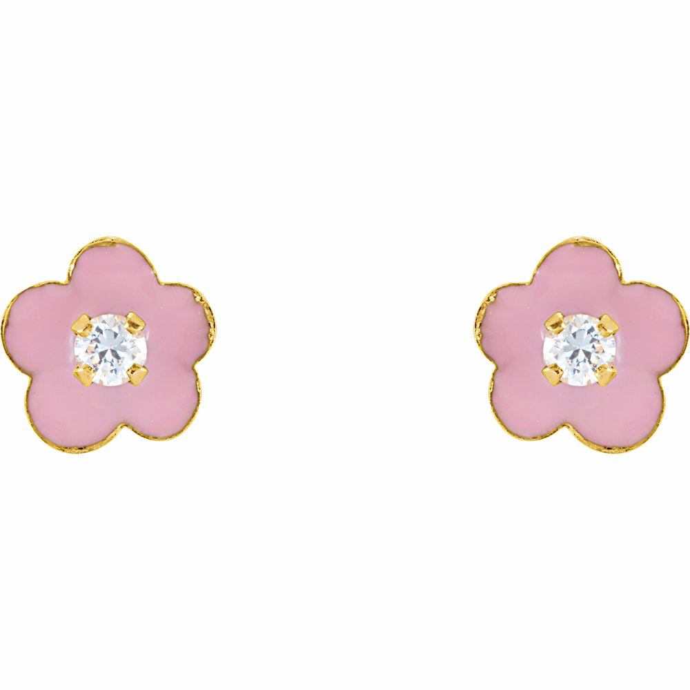 14K Yellow 2 mm Imitation White Cubic Zirconia & Pink Enamel Flower Youth Earrings