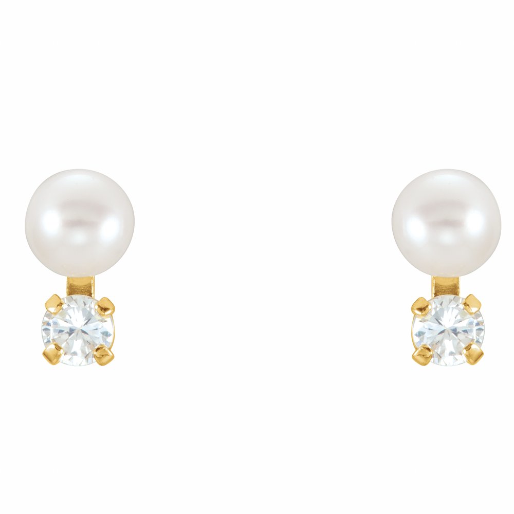 14K Yellow Gold Cultured White Freshwater Pearl & Imitation White Cubic Zirconia Earrings