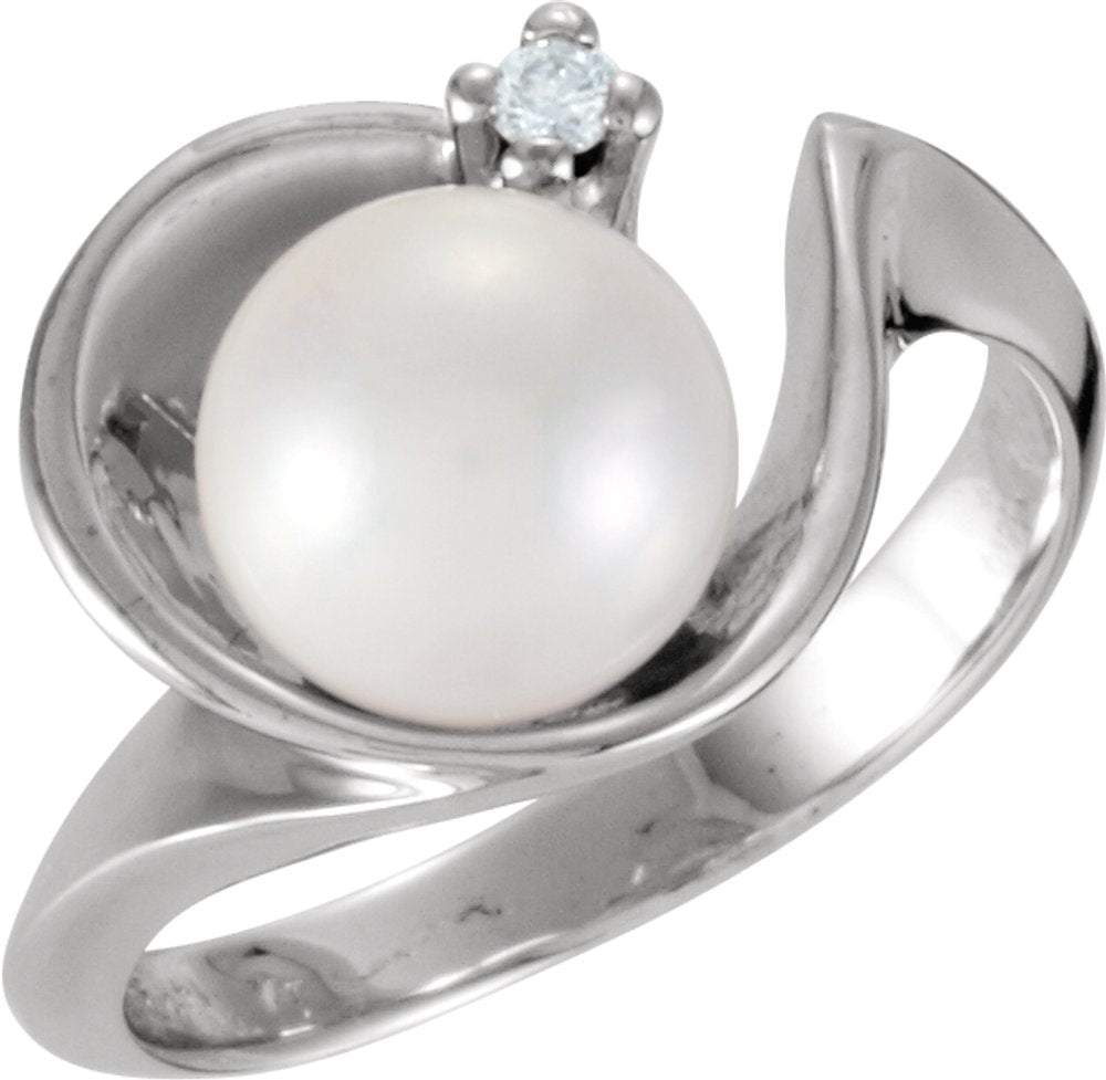 14K White Gold Cultured White Akoya Pearl & .03 CTW Natural Diamond Ring