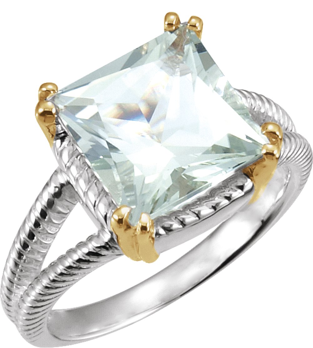 Sterling Silver & 14K Yellow Checkerboard Natural Prasiolite Ring