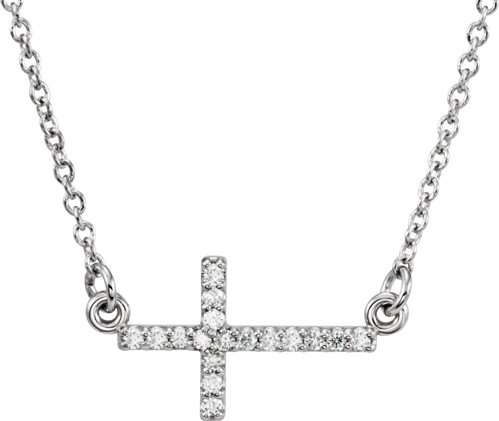 14K White Gold .07 CTW Natural Diamond Sideways Cross 16-18" Necklace