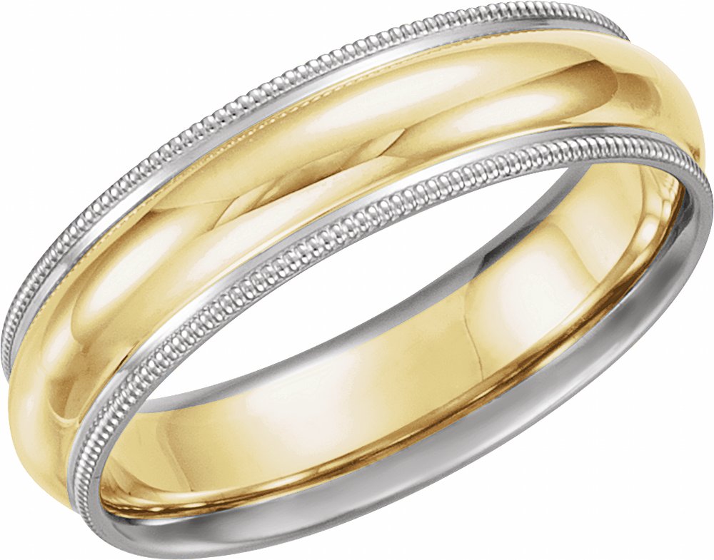 14K White/Yellow/White 6 mm Milgrain Edge Grooved Comfort-Fit Half Round Band Size 7