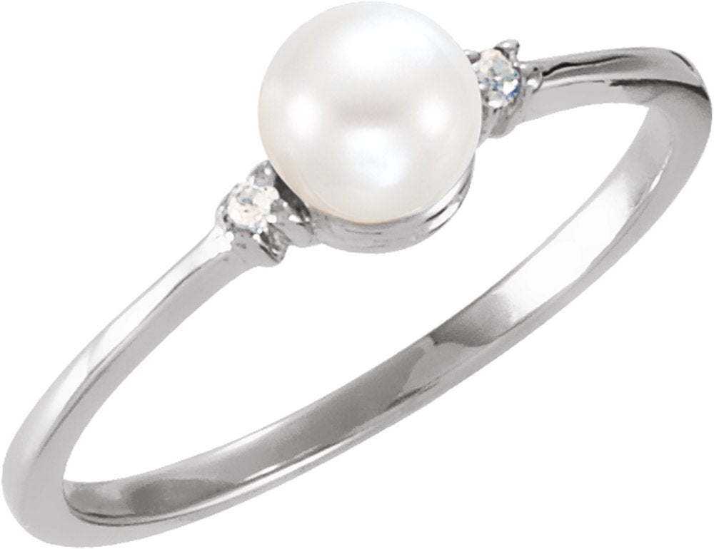 14K White Gold Cultured White Freshwater Pearl & .02 CTW Natural Diamond Ring