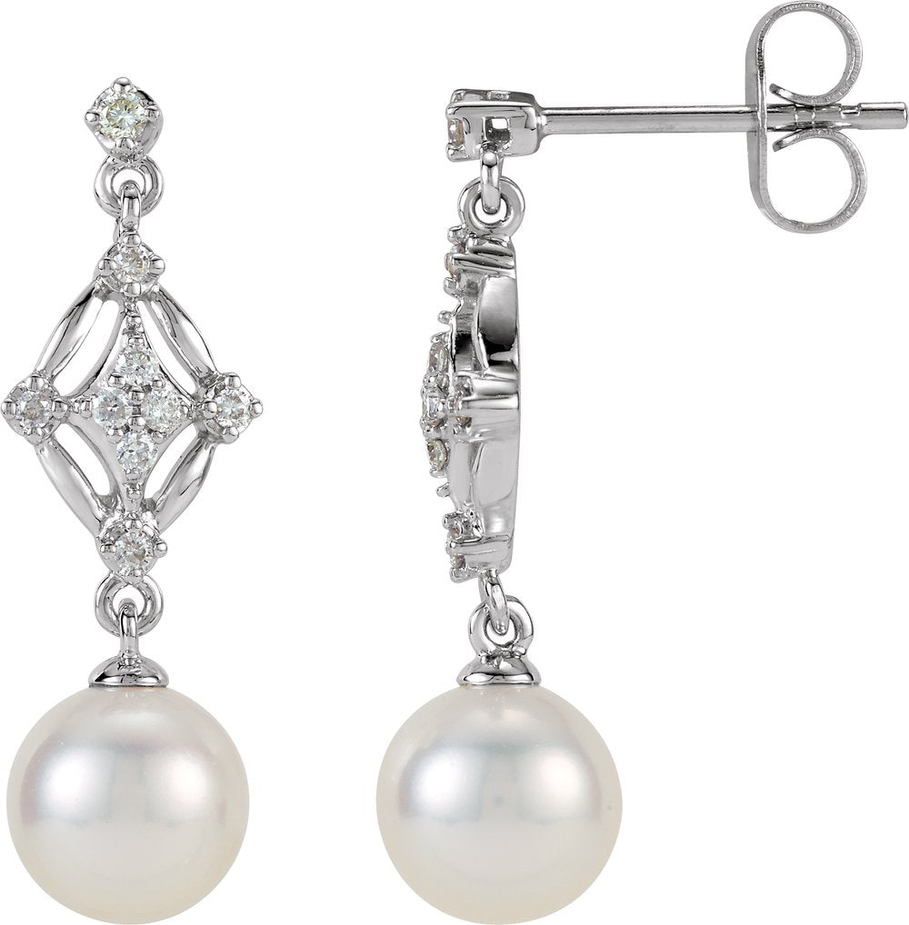 14K White Gold Cultured White Freshwater Pearl & 1/6 CTW Natural Diamond Earrings