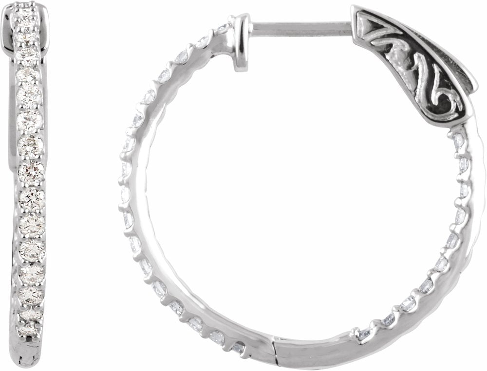 14K White Gold 3/4 CTW Natural Diamond Inside-Outside 23 mm Hinged Hoop Earrings