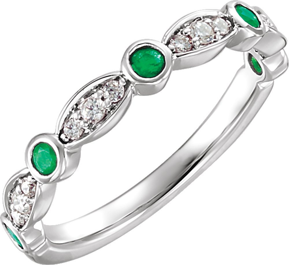 14K White Gold Natural Emerald & 1/6 CTW Natural Diamond Ring