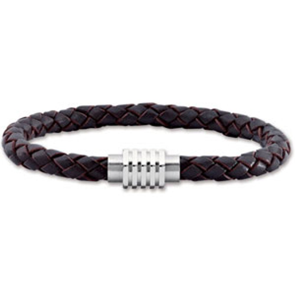 Stainless Steel & 6 mm Dark Brown Braided Leather 8 1/2" Bracelet