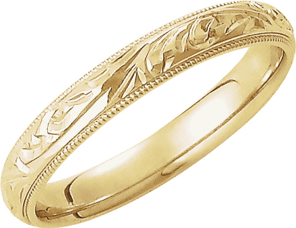 14K Yellow Gold 3 mm Hand-Engraved Milgrain Sculptural Comfort-Fit Half-Round Band Size 5